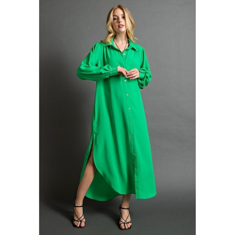 Found My Forever Button Down Wool Dobby Dress in Kelly Green